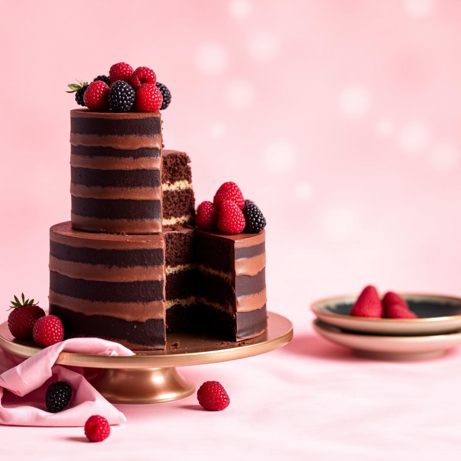 Multi-tier chocolate celebration cake topped with fresh berries